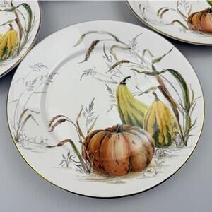 Pottery Barn Bedford Harvest Gourd Salad Plates SET OF 4 Autumn Gold Rim New